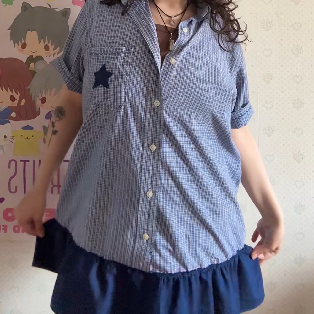 Women’s gingham/plaid upcycled babydoll ruffle mini dress